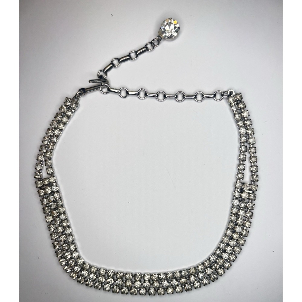 Vintage 15" 3 Row Prong Set Rhinestone Choker Necklace Silver Tone Bridal